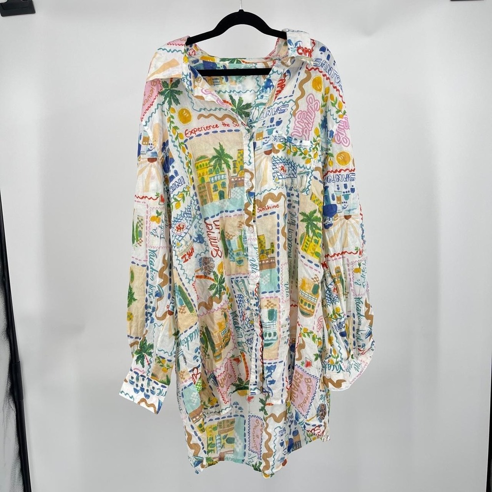 True Destinations Colorful Euro Resort Button Down Blouse Top Cotton Vacation L
